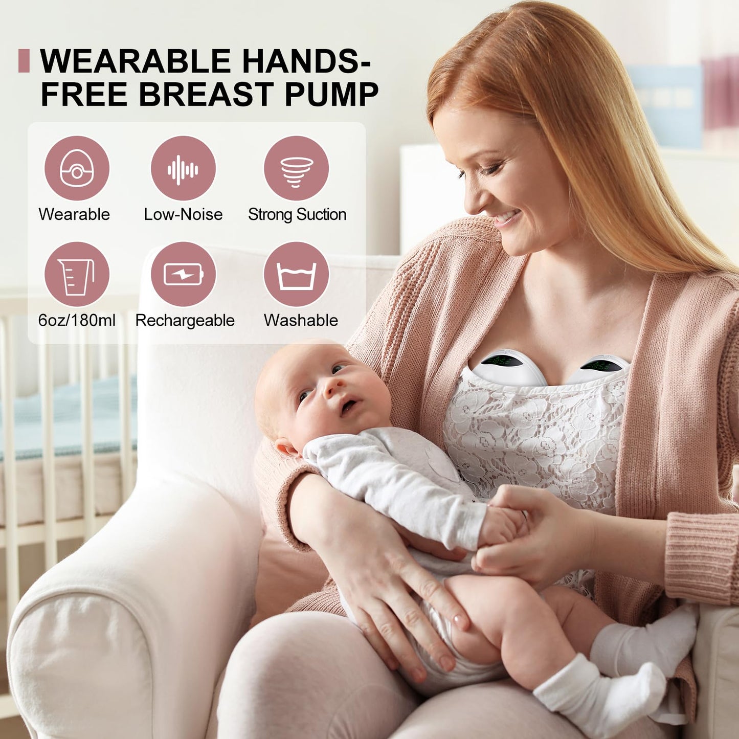 Double Electric Breast Pump Strong Suction, Portable Breast Pump Electric Breastfeeding Pump, Rechargeable Milk Pump with 4 Modes & 9 Levels, Low Noise, Anti-Backflow & LED Display, 24mm Flange, Pink
