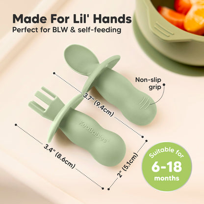 KeaBabies 4-Pack Silicone Baby Spoons and Forks Set - Baby Led Weaning Utensils 6-12 Months, Self Feeding Toddler Spoon & Fork for Training, Teething, Easy to Hold, BPA-Free Silicone (Roseate)