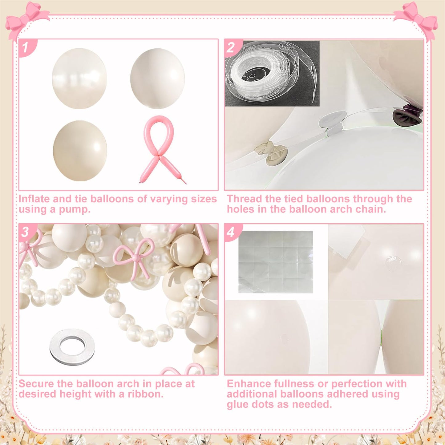 Pink Balloon Garland Arch Kit, Coquette Birthday Decorations 176Pcs Bow Long Balloons White and Pink Different Sizes for Wedding Bridal Baby Shower Bachelorette Party