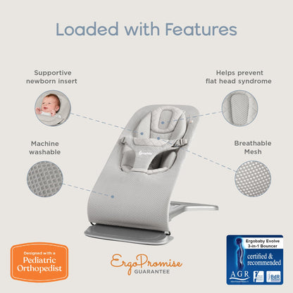 Ergobaby Evolve 3-in-1 Mesh Bouncer, Adjustable Multi Position Baby Bouncer Seat, Fits Newborn to Toddler, Grey Mesh