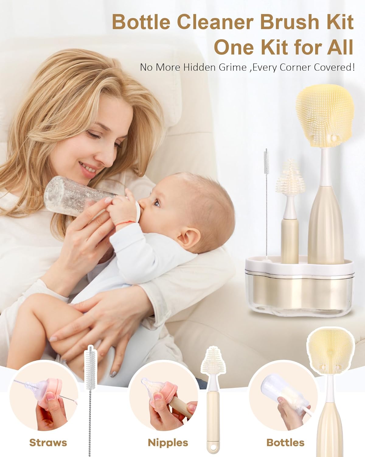 XANGNIER Baby Bottle Brush Kit with Press Foaming Dispenser & Drying Rack – Innovative Bottle Cleaner Set for Baby Bottles, Nipples, Breast Pumps, Straws & Baby Accessories，Newborn Essentials