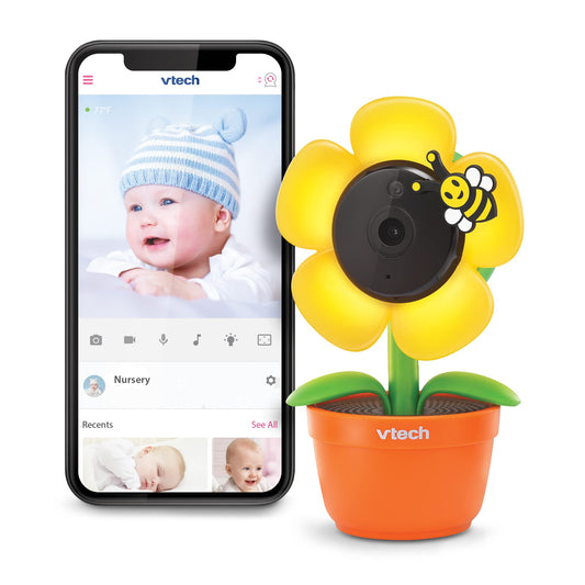 VTech RM9751 Yellow Daisy Smart Wi-Fi Baby Camera, iOS & Android Enabled, 1080p Full HD, Privacy Mode Cover, Night Light, Soothing Sounds & Lullabies, Two-way Intercom,Temperature Sensor, Night Vision