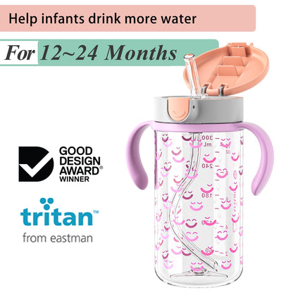 Evorie Tritan Spill Proof Toddler Straw Sippy Cup, 10 oz for Baby and Toddlers 1-3 Years Old, No Spill Straw Water Bottle with Removable Handles, Ideal for School, BPA-Free, Pink Rabbit