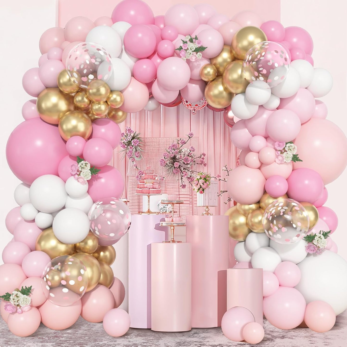 Ouddy Life 157 Pcs Boho Dusty Pink Balloons Arch Garland Kit, Blush Neutral Pink Sand White Metallic Gold Different Size Balloon for Girls Baby Shower Birthday Wedding Gender Reveal Party Decorations