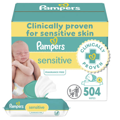 Pampers Sensitive Baby Wipes, Water Based, Hypoallergenic and Unscented, 8 Flip-Top Packs, 4 Refill Packs (1008 Wipes Total)