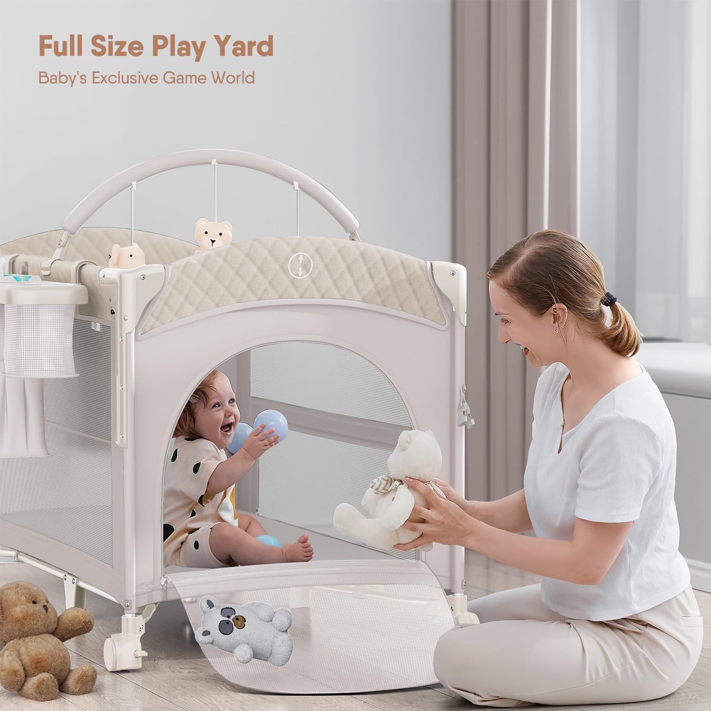 4 in 1 Baby Bassinet, Pack and Play, Bedside Crib Sleeper, Diaper Changer - Comes with Mattress, Mosquito Net，Bottom Storage and Toy Bar for Newborn to Toddles