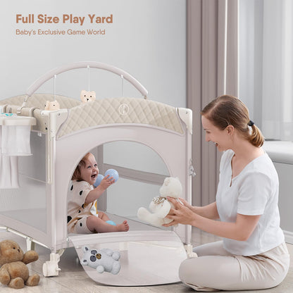 4 in 1 Baby Bassinet, Pack and Play, Bedside Crib Sleeper, Diaper Changer - Comes with Mattress, Mosquito Net，Bottom Storage and Toy Bar for Newborn to Toddles