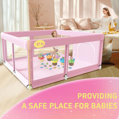 50" ×50" Baby Playpen, Baby Play Pen for Babies and Toddlers, Baby Playard for Indoor & Outdoor, Sturdy Safety Play Yard with Soft Breathable Mesh, Anti-Fall, Pink