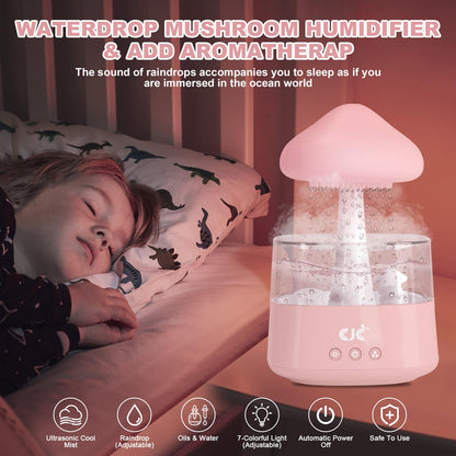 Cloud Rain White Noise Humidifier, Rain Water Drip Diffuser Humidifiers Waterfall Lamp Mushroom Air Humidifier Aromatherapy Essential Oil Diffuser with 7 Colors Night Lights for Home Office Bedroom