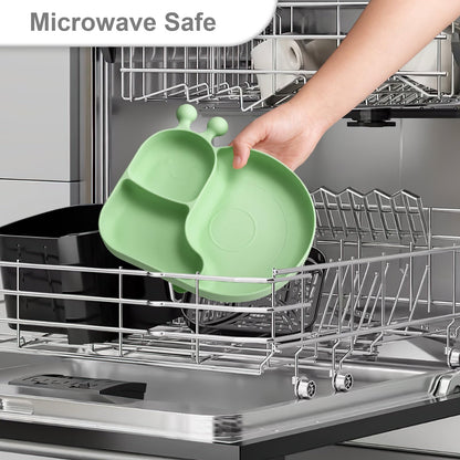Silicone Baby Plate with Super Suction – Snail Shape 3 Compartment Toddler Food Plate Self Feeding Unbreakable Eating Supplies for Boys and Girls (Pink) (Green)