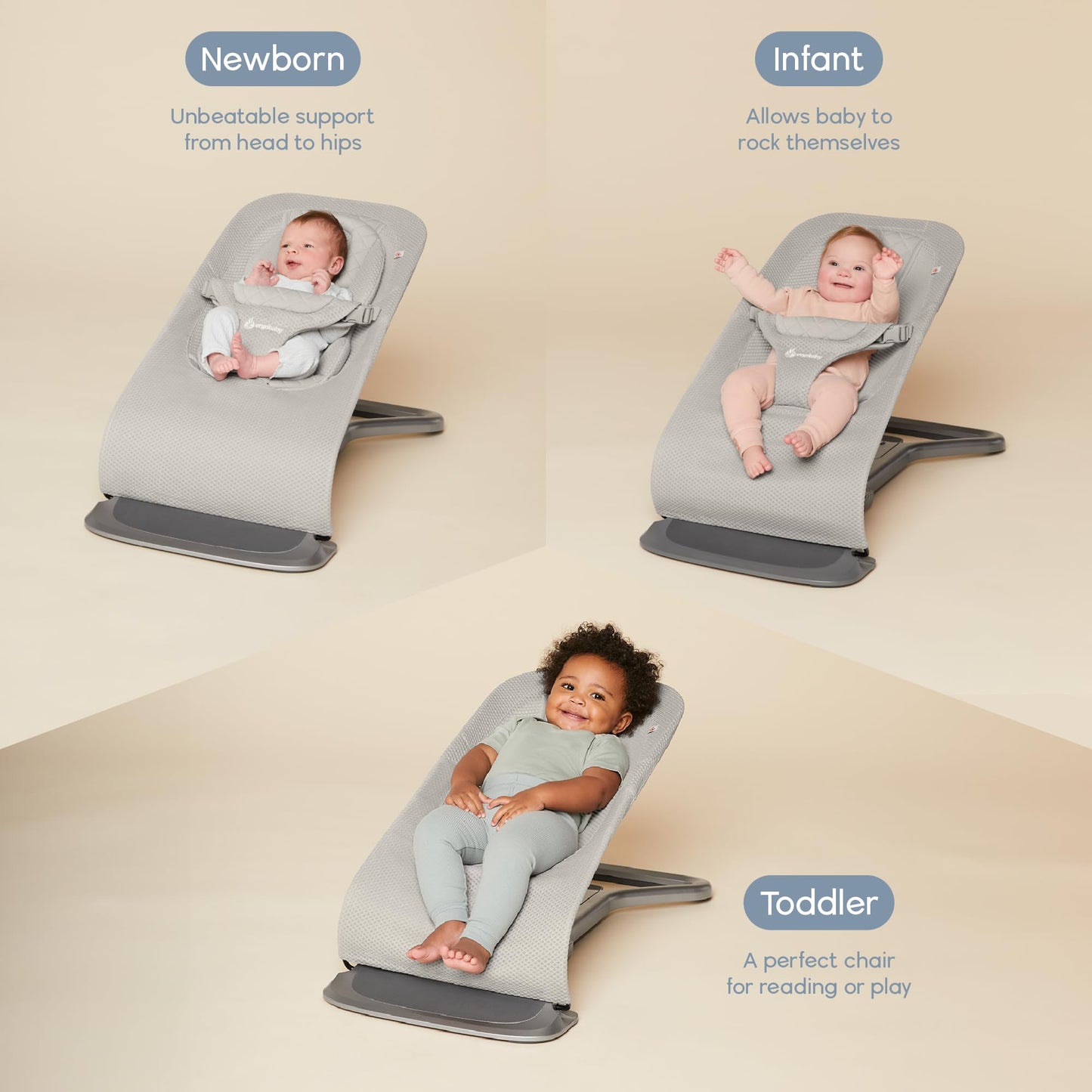 Ergobaby Evolve 3-in-1 Mesh Bouncer, Adjustable Multi Position Baby Bouncer Seat, Fits Newborn to Toddler, Grey Mesh