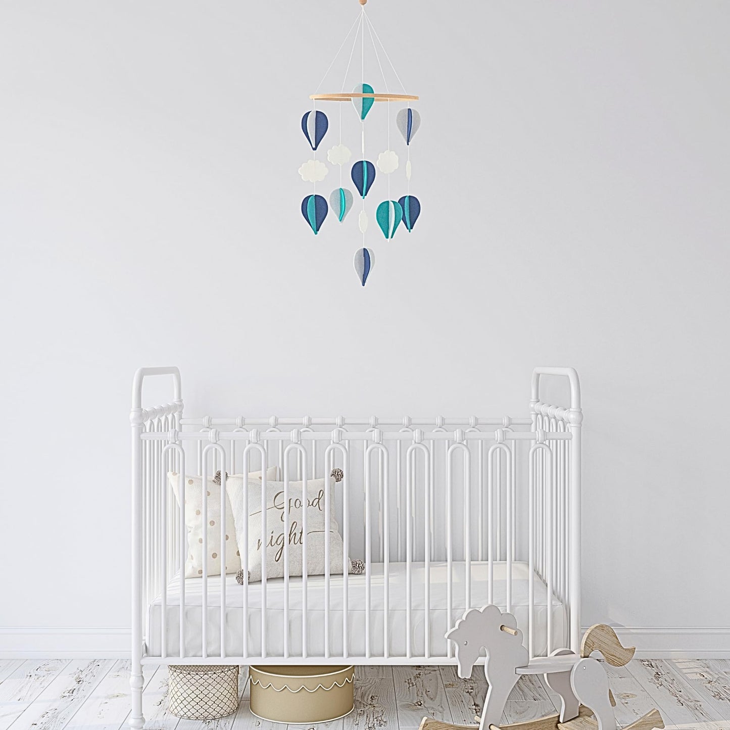 Handmade Baby Crib Mobile | White & Pale Grey | Hot Air Balloons & Clouds | Eco-Friendly Felt & Organic Beech Wood | Gender Neutral Nursery Decor | Simple & Modern Design