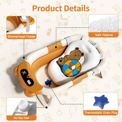 Collapsible Baby Bathtub for Newborn to Toddler (0-18 M) - Portable Baby Tub with Thermometer, Newborn Bathtub with Soft Towel and Floating Cushion (Brown)