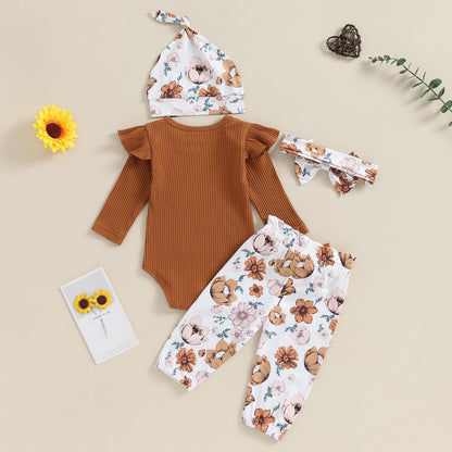 Hello World Newborn Outfit Baby Girl Going Home Outfit Ruffle Ribbed Romper Top Floral Pants Set Cute Summer Clothes