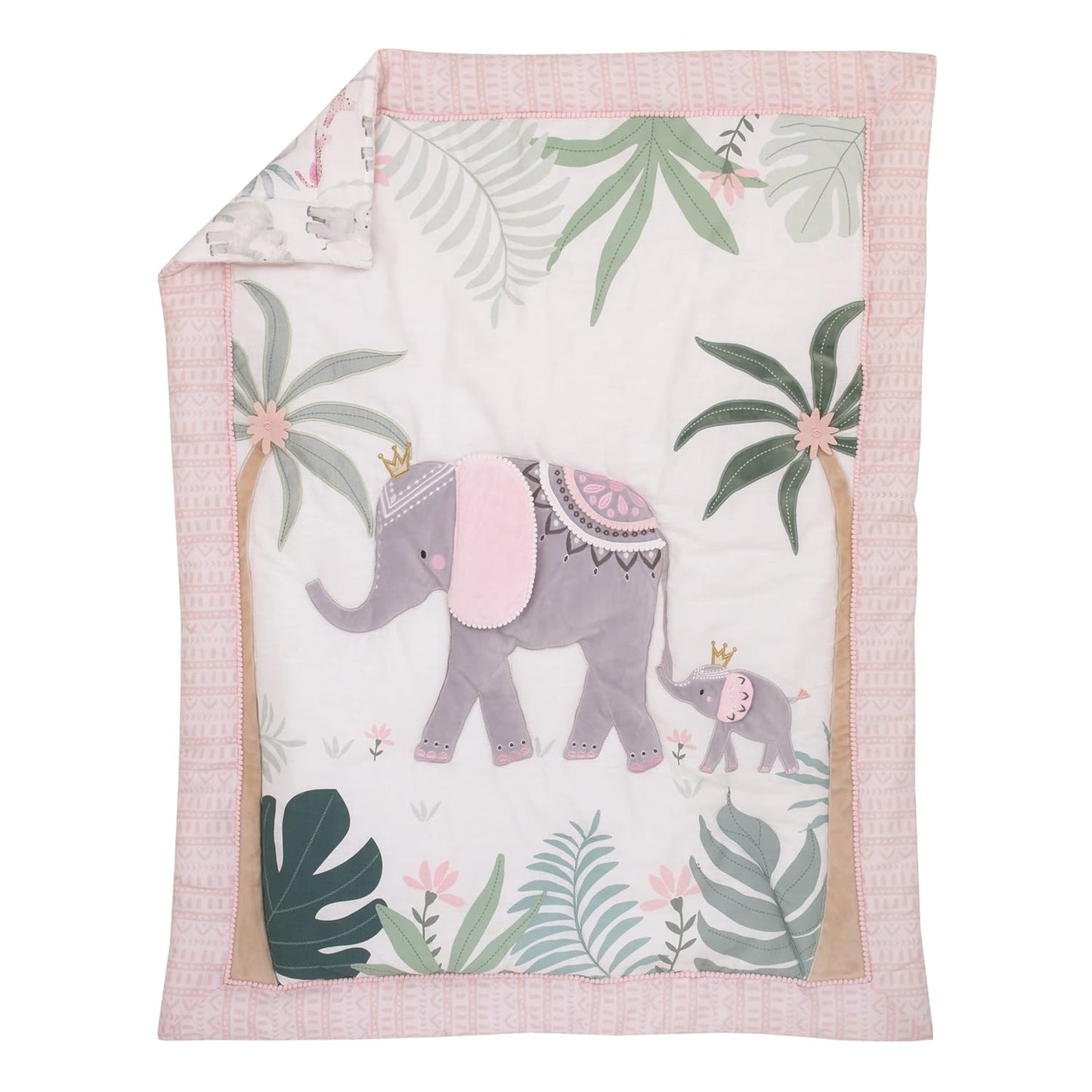 NoJo Tropical Princess Elephant/Jungle Pink and Green 4 Piece Crib Bedding Set - Comforter, Fitted Crib Sheet, Dust Ruffle and Storage