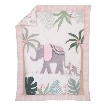 NoJo Tropical Princess Elephant/Jungle Pink and Green 4 Piece Crib Bedding Set - Comforter, Fitted Crib Sheet, Dust Ruffle and Storage