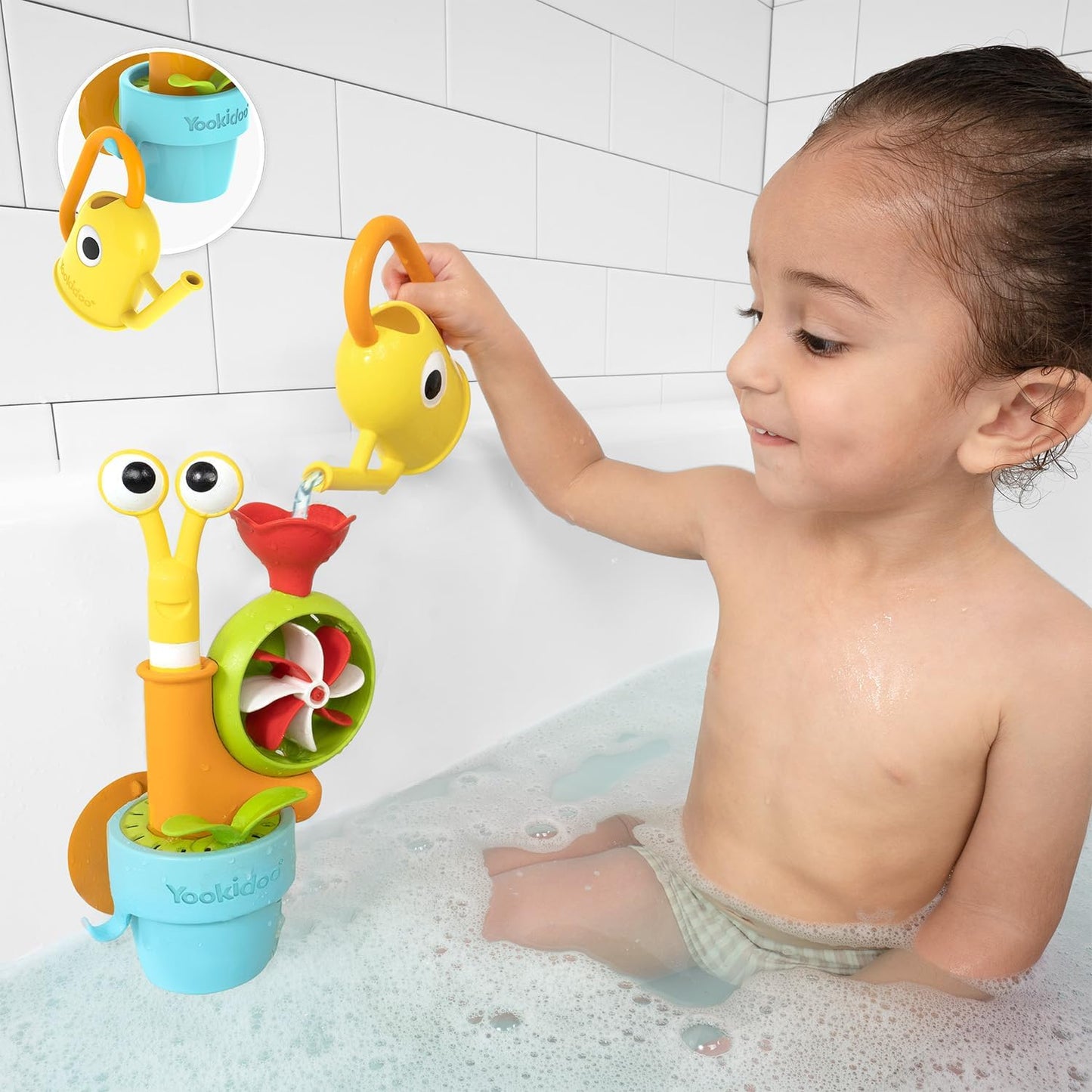 Yookidoo Watering Can Baby Bath Toy (Ages 1-3) Spinning Lady Bug & Tipping Bird Toy with 3 Moving Pieces (Mold Free) - Attaches to Tub Wall for Easy Toy Holder and Storage - for Toddler Bath Time