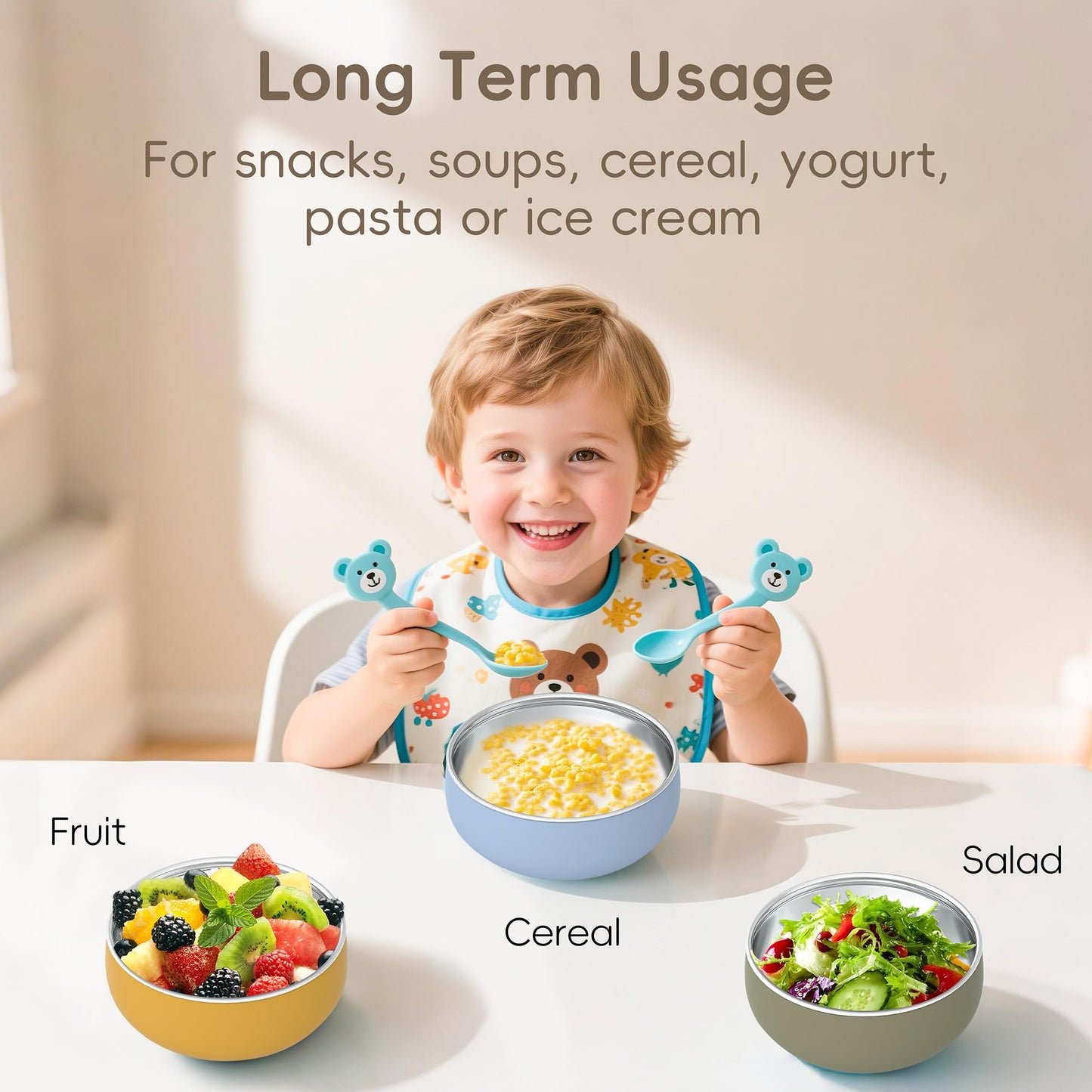 Bella's Friends Stainless Steel Baby Bowls with Silicone Sleeve 3 Pack, 4.3” for Toddlers Kids Feeding, Non-Slip, Non-Toxic, Mess-Free, Dishwasher Safe, Fit High Chair Size, Rose green Khaki