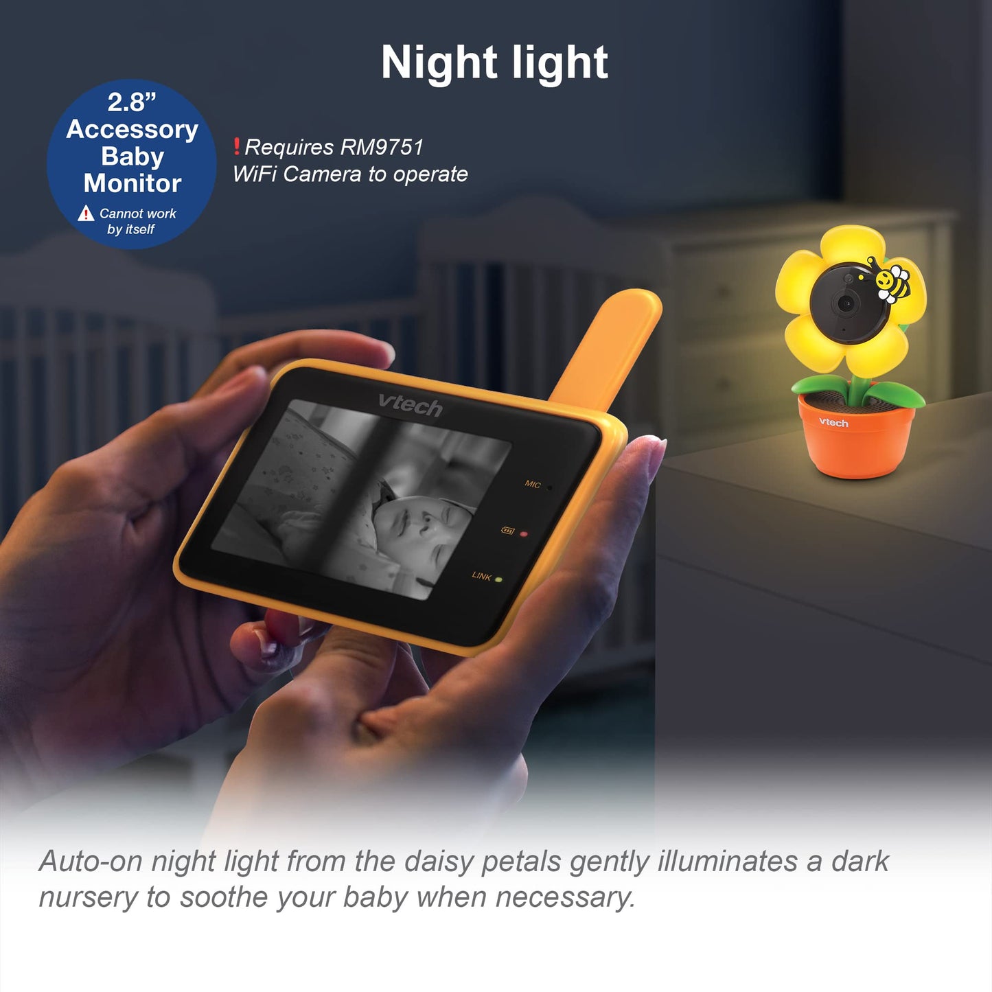VTech RM9751 Yellow Daisy Smart Wi-Fi Baby Camera, iOS & Android Enabled, 1080p Full HD, Privacy Mode Cover, Night Light, Soothing Sounds & Lullabies, Two-way Intercom,Temperature Sensor, Night Vision