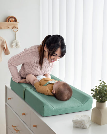 Blissful Diary Baby Changing Pad with Waterproof Lining Foam, Includes a Soft & Washable Cover, Contoured Changing Table Pads for Dresser Top with Non-Slip Bottom, 32”×16” (Grey, Avocado)