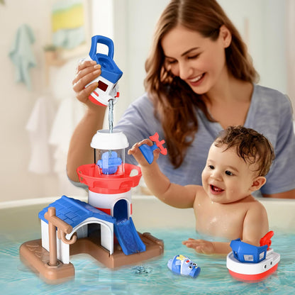 iPlay, iLearn Bath Toys for Toddlers 2-4, Kids Lighthouse Bathtub Shower Toy Set W/ Wind up Swimming Boats, Pool Floating Fish Baby Bathtime Water Play, Birthday Gift 18 Month, 3 5 6 Year Old Boy Girl