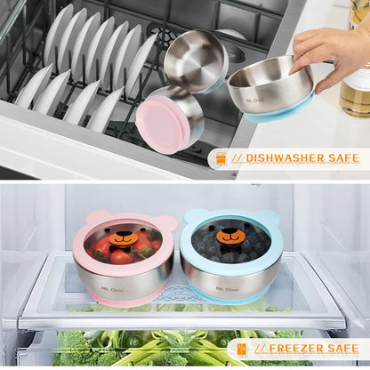 MR. CHOU Baby Bowls with Non-Slip Silicone Suction Cup, Insulated Double-Layer 304 Stainless Steel Toddler Bowls with BPA Free Airtight Lids, Food-Grade Silicone Safe for Kids (Blue)
