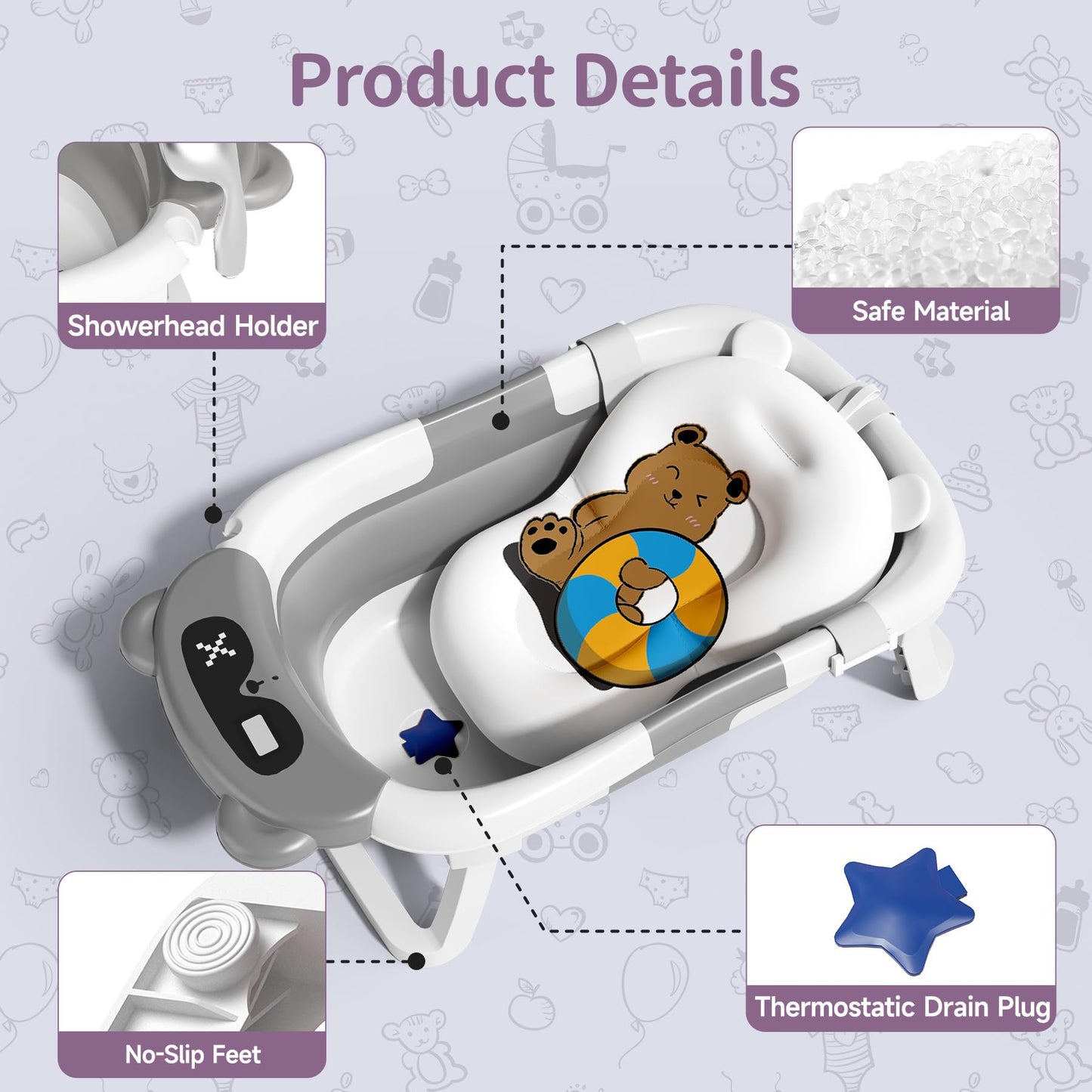 Collapsible Baby Bathtub for Newborn to Toddler (0-18 M) - Portable Baby Tub with Thermometer, Newborn Bathtub with Soft Towel and Floating Cushion (Brown)