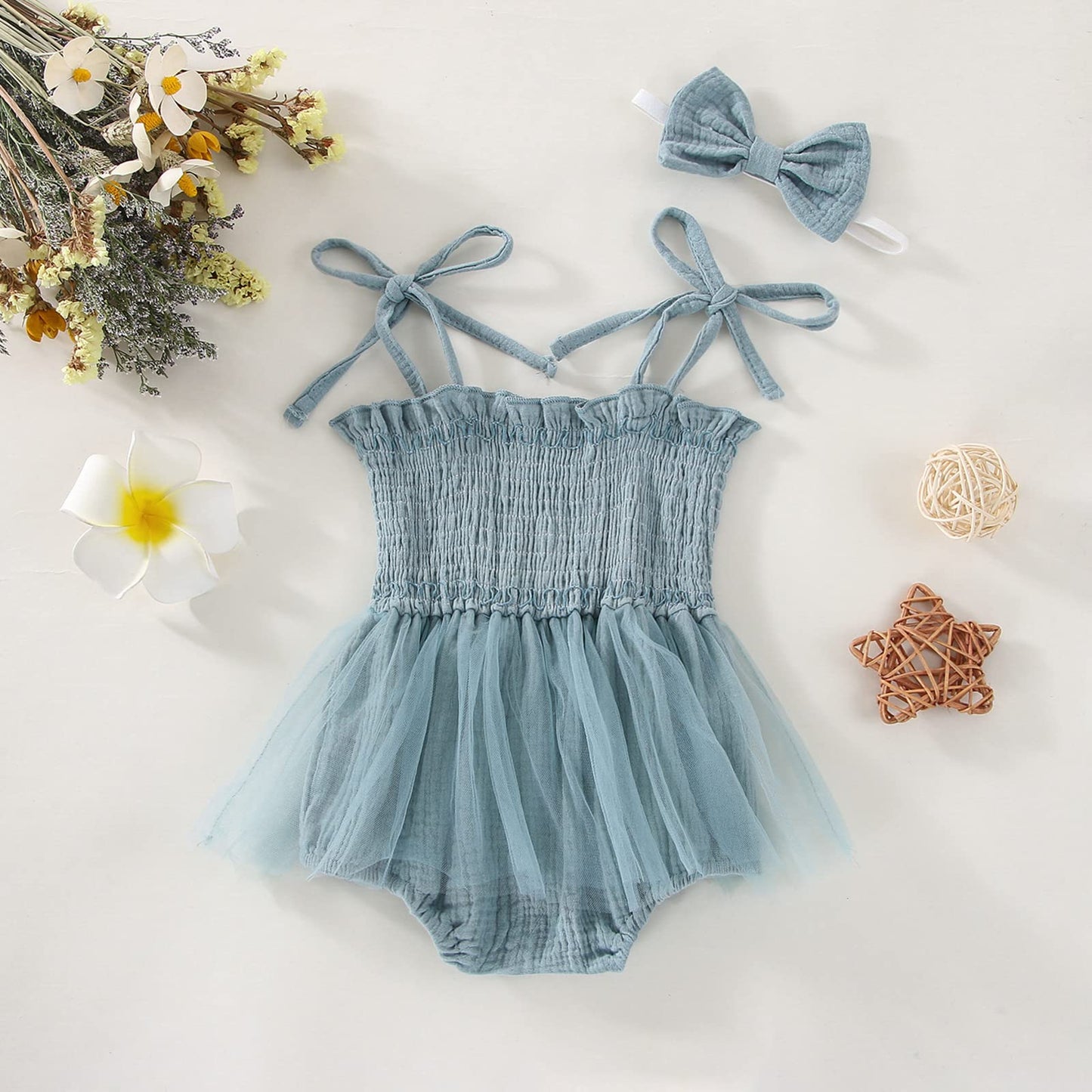 MERSARIPHY Newborn Baby Girl Summer Outfit Sleeveless Ruffle Smocked Halter Tulle Romper Dress One-piece Jumpsuit Clothes