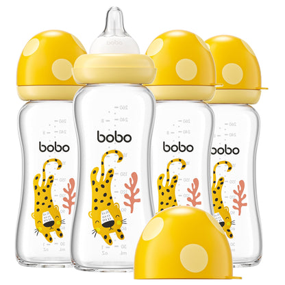 YOHKOH Natural Glass Baby Bottle with Natural Response Nipple, Newborn Anti-Colic Baby Bottles, Wide Neck Mushroom Cap Baby Bottle, Clear (8.8ounce (Pack of 4), Multicolour1)