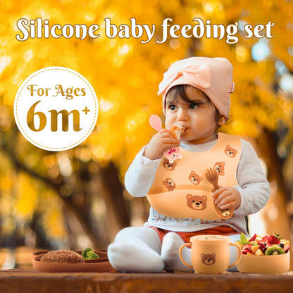 Silicone Baby Feeding Set 7 Pcs, Baby Led Weaning Supplies, Baby Feeding EatincSupplies Set BPA Free, Baby Essentialsfor Newborn Gift Bear