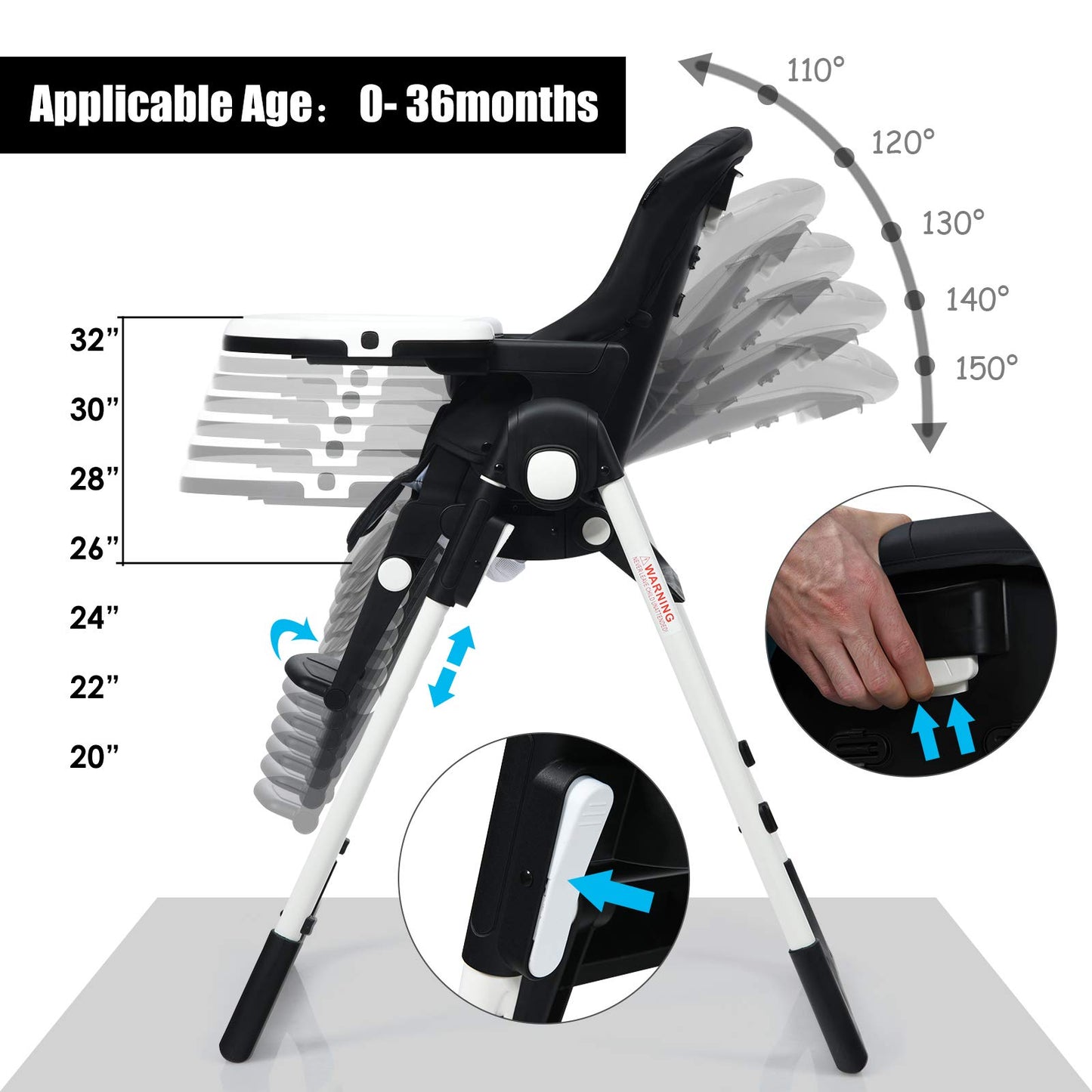 INFANS High Chair for Babies & Toddlers, Foldable Highchair with Multiple Adjustable Backrest, Footrest and Seat Height, Removable Tray, Detachable PU Leather Cushion, Built-in Rear Wheels (Black)
