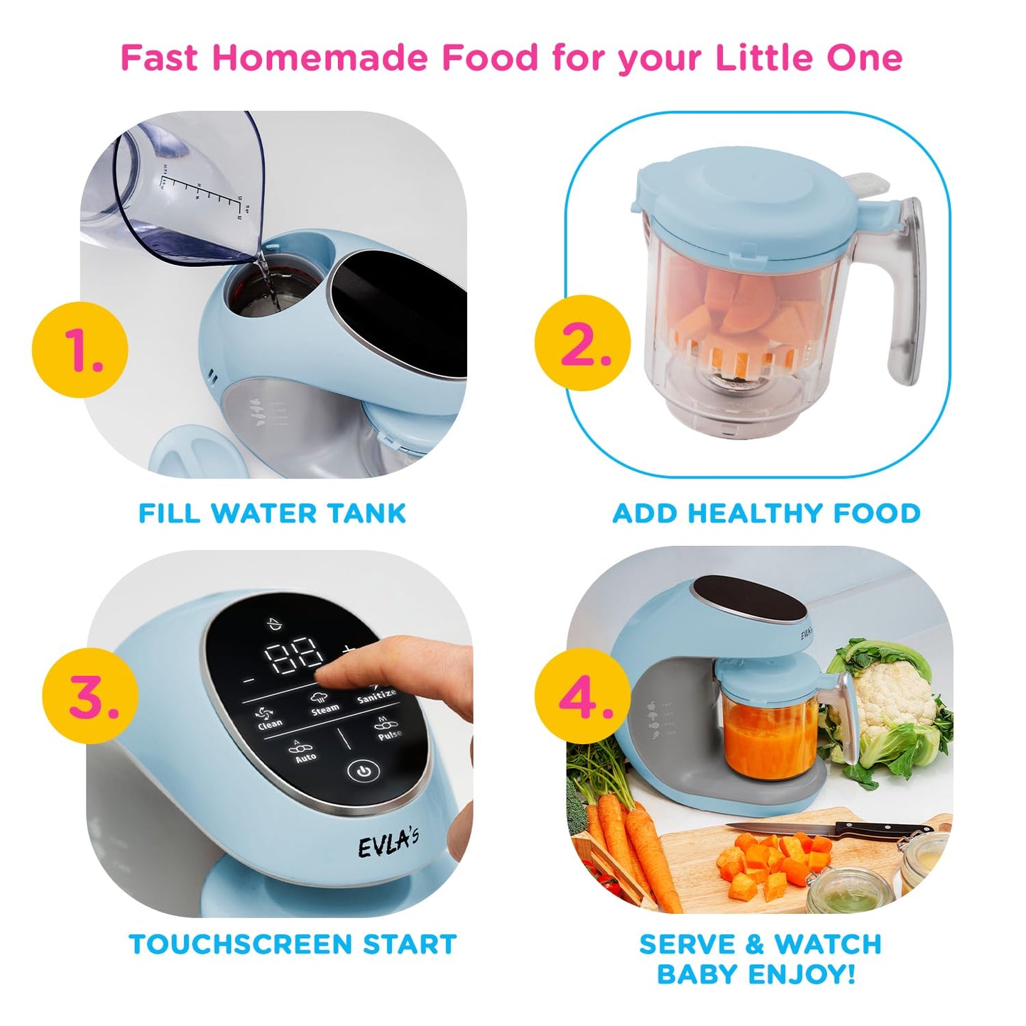 EVLA'S Baby Food Maker, Steamer, Blender, Baby Food Processor for Healthy Homemade Baby Food in Minutes, Touch Screen with 6 Reusable Food Pouches, Baby Registry Essential, White
