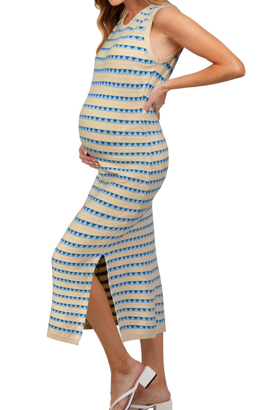 OUGES Women's 2025 Summer Maternity Dress Knit Sleeveless Crewneck Midi Dress Side Slit Striped Bodycon Sweater Dress