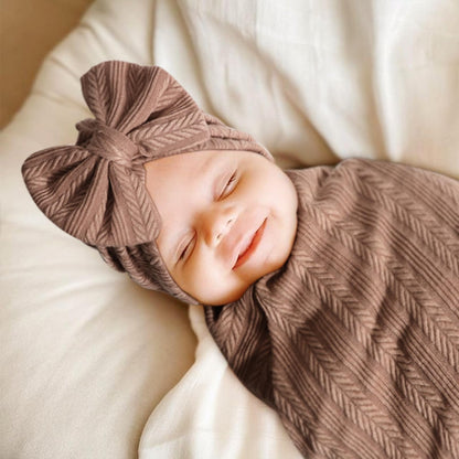 Newborn Receiving Blanket with Bow Hat Mittens Wooden Card Set Wheat-Pattern Newborns Toddler Baby Boy Girl Nursery Swaddle Wrap