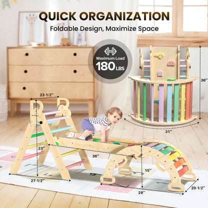 BlueWood Pikler Triangle Set 7-in-1 Foldable Baby Climbing Wooden Toys with Arch&Ramp&Ladder Climber Indoor Jungle Gyms for Toddlers - Rainbow