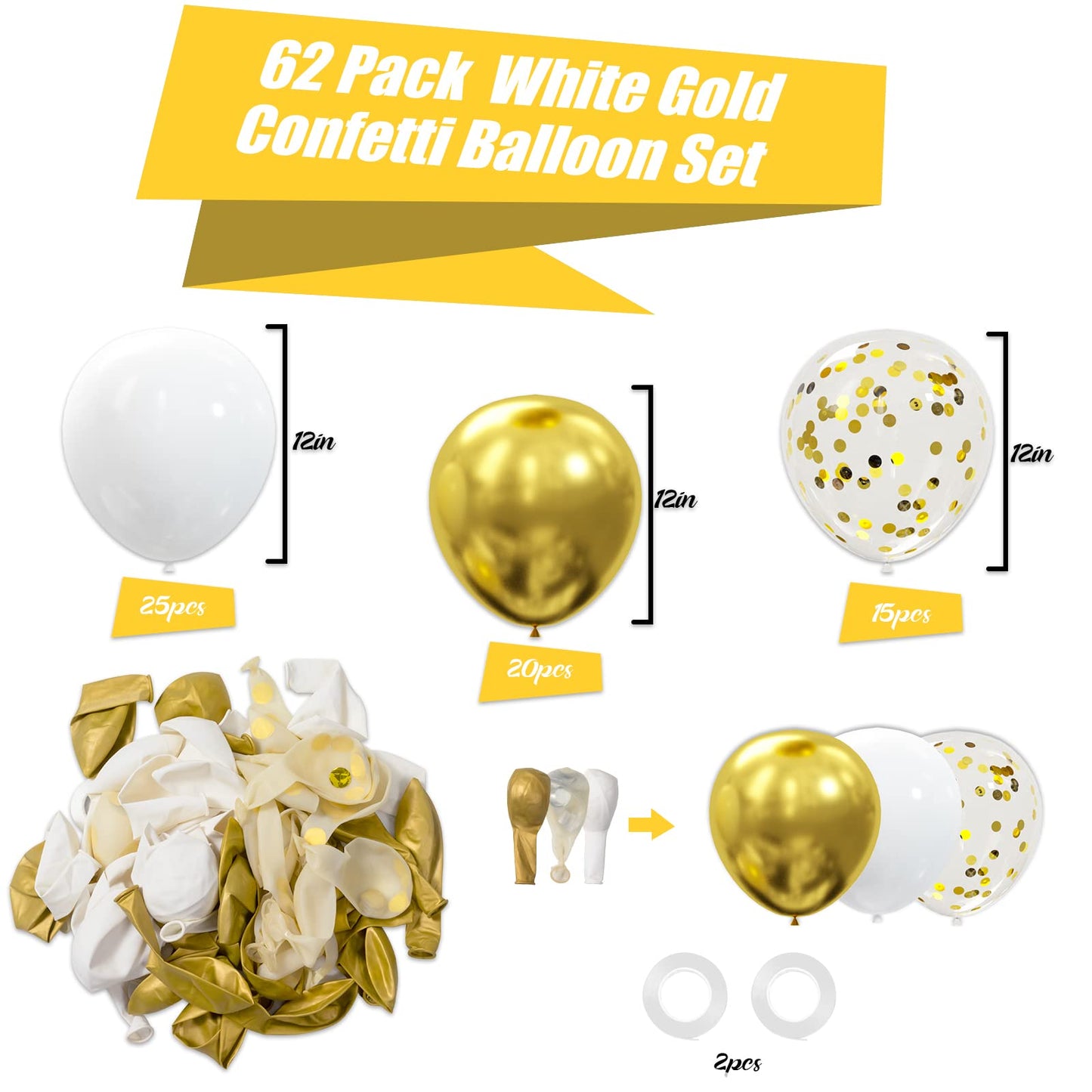 OuMuaMua 62Pcs Pink Gold Confetti Latex Balloons Kit, 12 Inch Pink White Gold Helium Balloons Party Supplies for Confession Proposal Wedding Girl Birthday Baby Shower Party Decoration