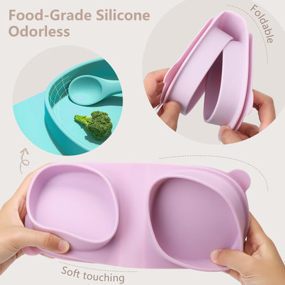 Silicone Foldable Novelty Dinner Plates,Baby Plates Travel Essential with Forks and Spoons,Microwave & Dishwasher SafeWatermelon