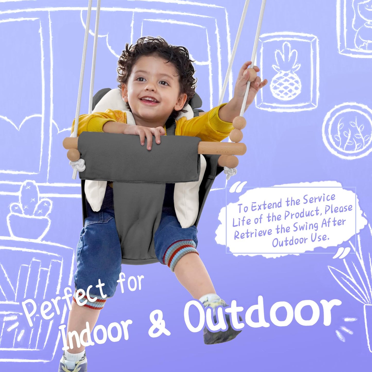 Baby Swing Indoor Outdoor,Secure Canvas Wooden Toddler Swing Seat, 3-Point Adjustable Safety Harness,Mounting Hardware Included,Gift for Boys and Girls,White