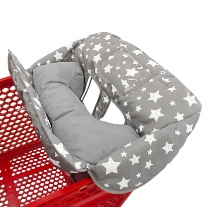 Soft Pillow Attached 2-in-1 Shopping Cart and High Chair Cover for Baby, Cotton Padded Cart Cover, Fold'n Roll Style, Portable with Carry Bag (Blue Elephant)