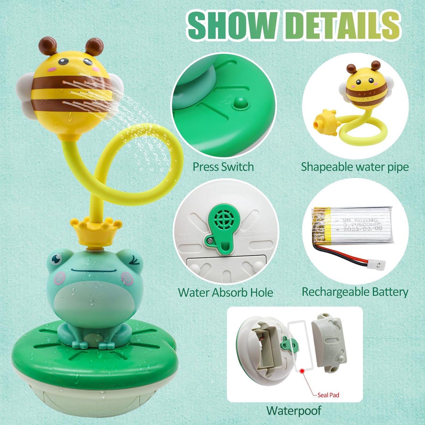 Baby Bath Toys for Kids, Electric Frog Bath Toy with Shower Head & 4 Spray Water Sprinklers Bathtub Toys for Toddlers1-3, Swimming Pool Game Water Play Set Gift for Bathtub Shower Beach