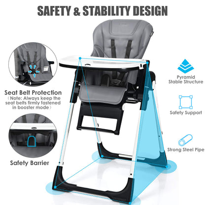 INFANS High Chair for Babies & Toddlers, Foldable Highchair with Multiple Adjustable Backrest, Footrest and Seat Height, Removable Tray, Detachable PU Leather Cushion, Built-in Rear Wheels (Black)