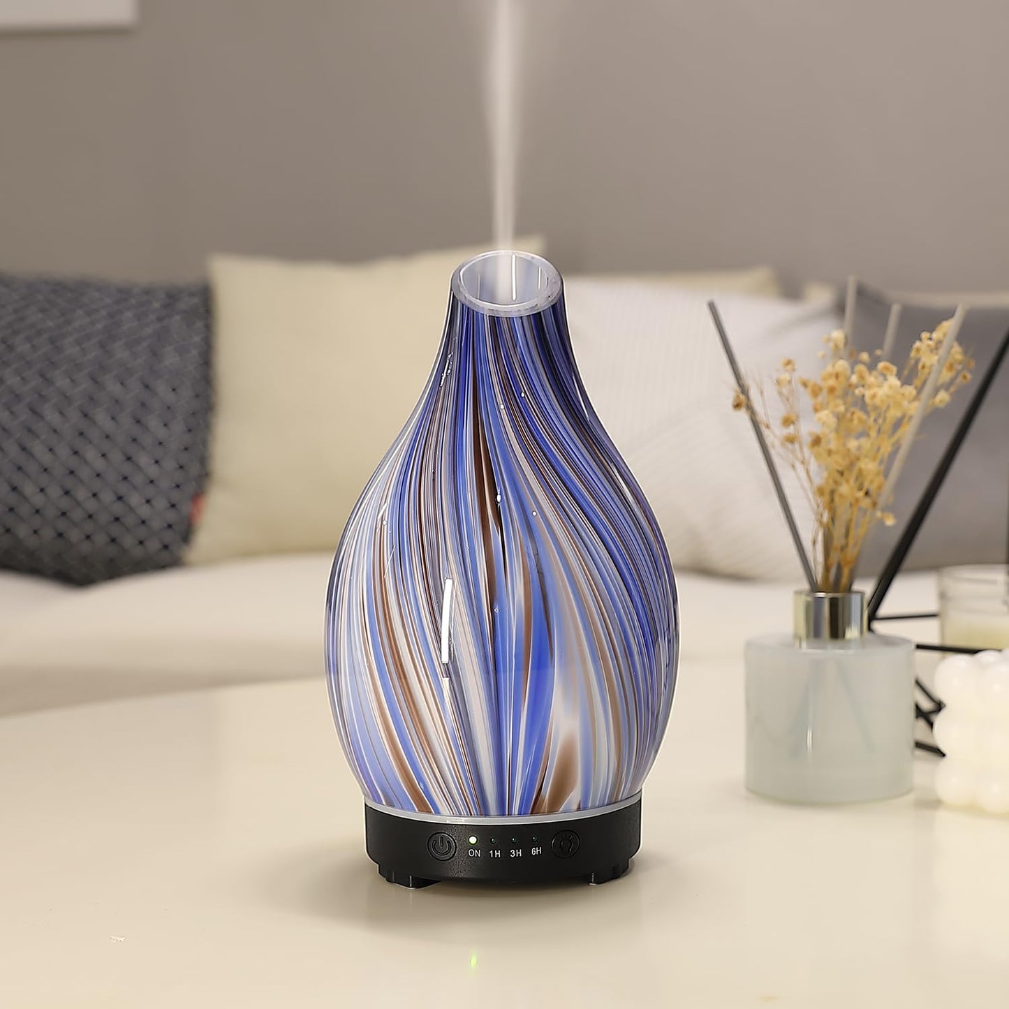 Essential Oil Diffuser Hand Blown Glass Aromatherapy Diffuser - Ultrasonic Cool Mist Scent Aroma Diffuser, Whisper Quiet with Auto Shut-Off, Timer Setting &7 Colors Night Light for Home