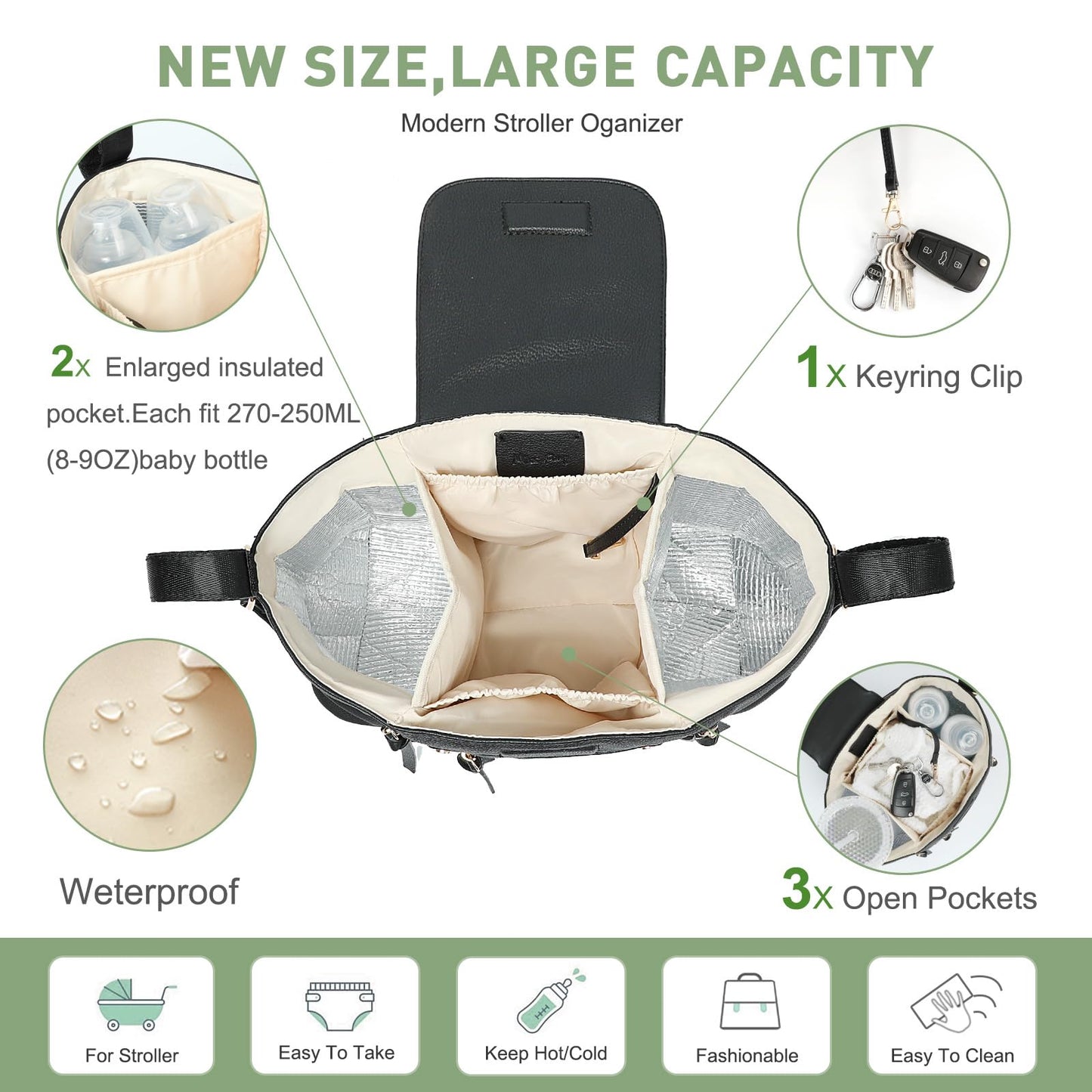 miss fong Stroller Organizer with Insulated Cup Holder Stroller Caddy Stroller Accessory BagStroller Diaper Bag Stroller Storage Stroller Bag with Adjustable Strap to Fit All Strollers (Black)
