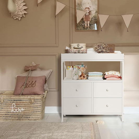 BOLUO White Changing Table with Drawers Fabric Baby Dresser with Changing Table Top Diaper Changing Station with Storage Shelf for Nursery Modern
