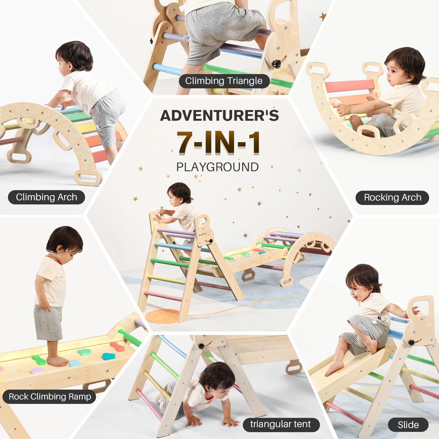BlueWood Pikler Triangle Set 7-in-1 Foldable Baby Climbing Wooden Toys with Arch&Ramp&Ladder Climber Indoor Jungle Gyms for Toddlers - Rainbow