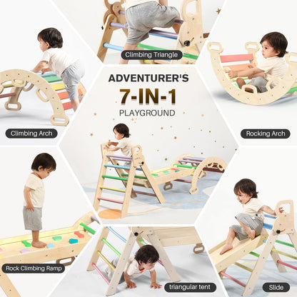 BlueWood Pikler Triangle Set 7-in-1 Foldable Baby Climbing Wooden Toys with Arch&Ramp&Ladder Climber Indoor Jungle Gyms for Toddlers - Rainbow