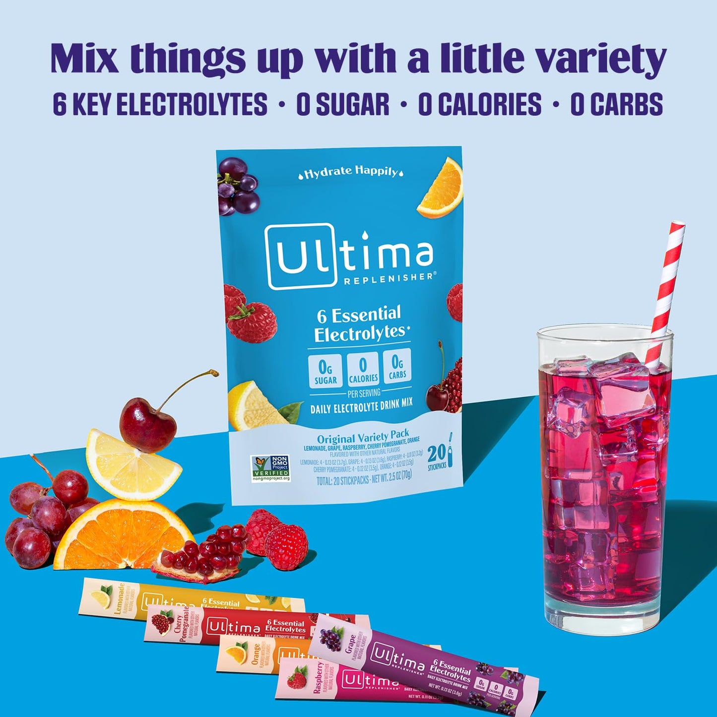 Ultima Replenisher Daily Electrolyte Powder Drink Mix – Tropical Variety, 20 Stickpacks – Hydration Packets with 6 Electrolytes and Minerals – Keto Friendly, Non-GMO and Sugar-Free