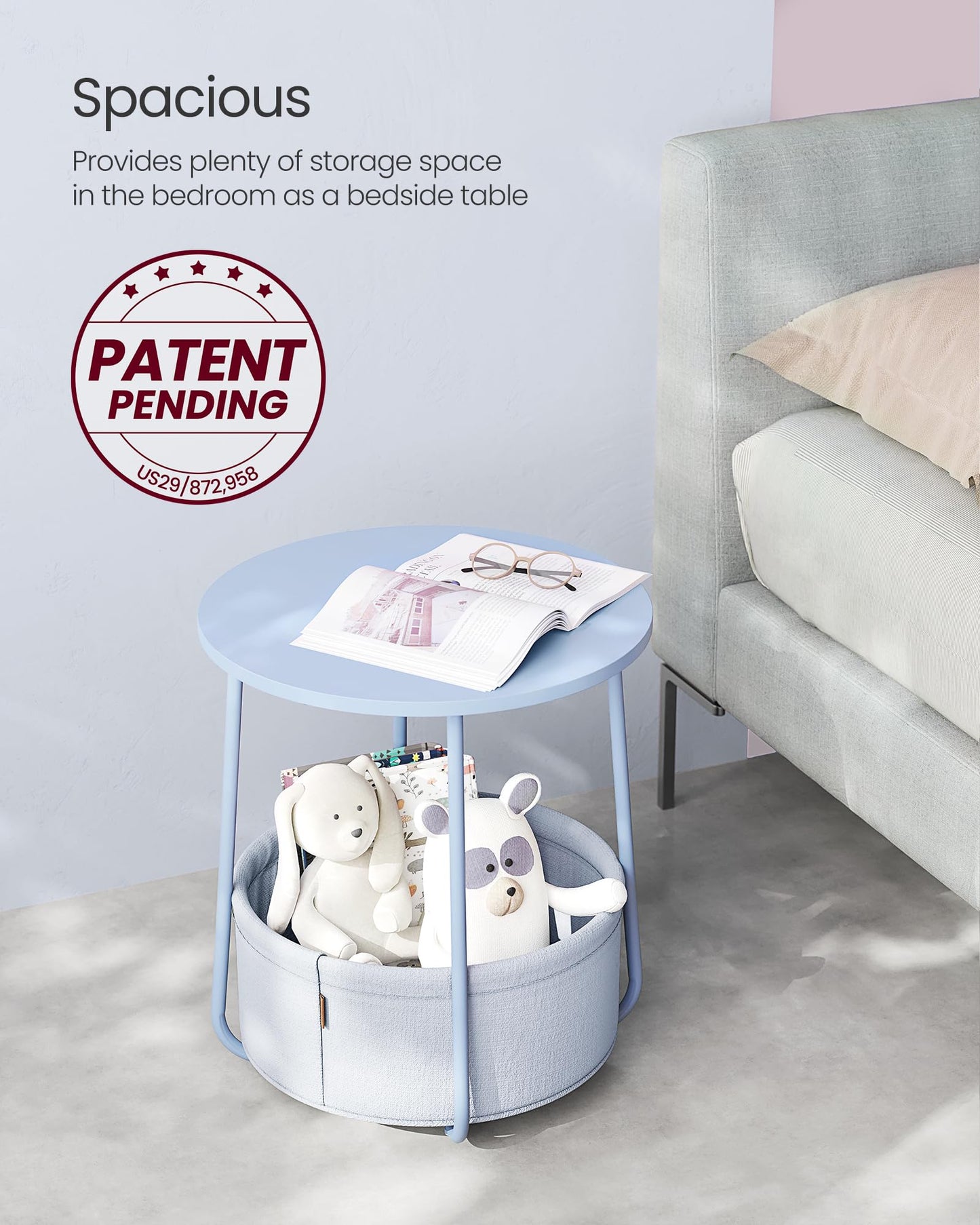 VASAGLE End Table, Small Bedside Table with Fabric Basket, Modern Nightstand, Round Side Table, for Living Room, Bedroom, Matte White and Camel Brown ULET223W10