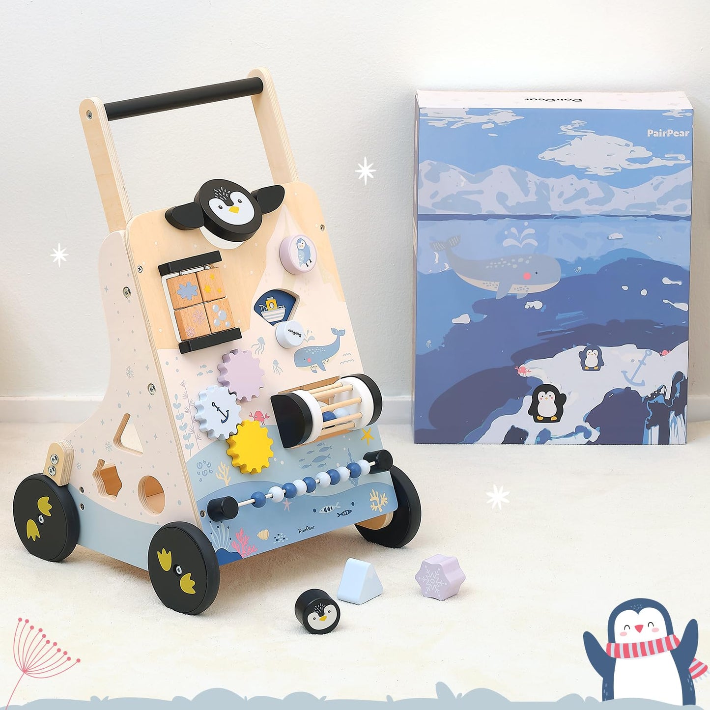 PairPear Wooden Baby Walker, Baby Push Walker, Montessori Walker Toy with Activity Center for Girls Boys, Adjustable Speed Baby Walker for Kids Development