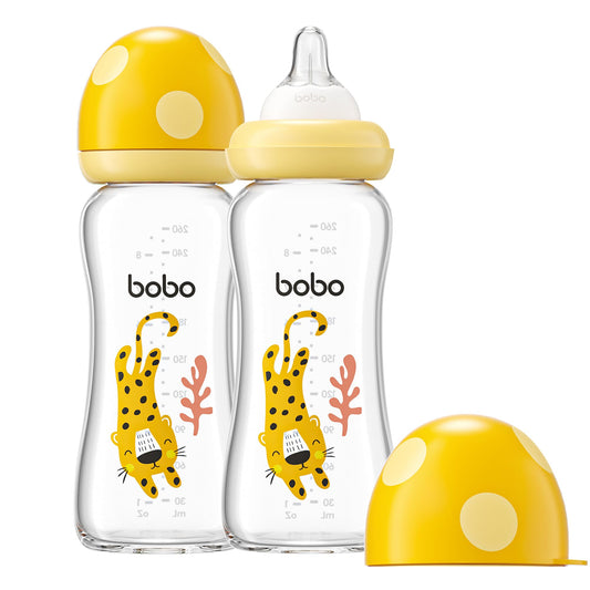 YOHKOH Natural Glass Baby Bottle with Natural Response Nipple, Newborn Anti-Colic Baby Bottles, Wide Neck Mushroom Cap Baby Bottle, Clear (8.8ounce (Pack of 4), Multicolour1)